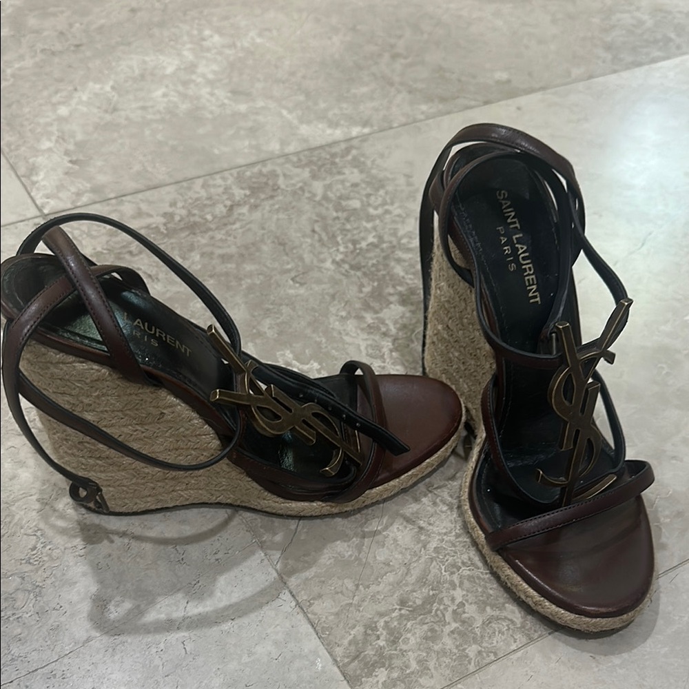 Saint Laurent Brown Wedge Shoes with Intricate Straps